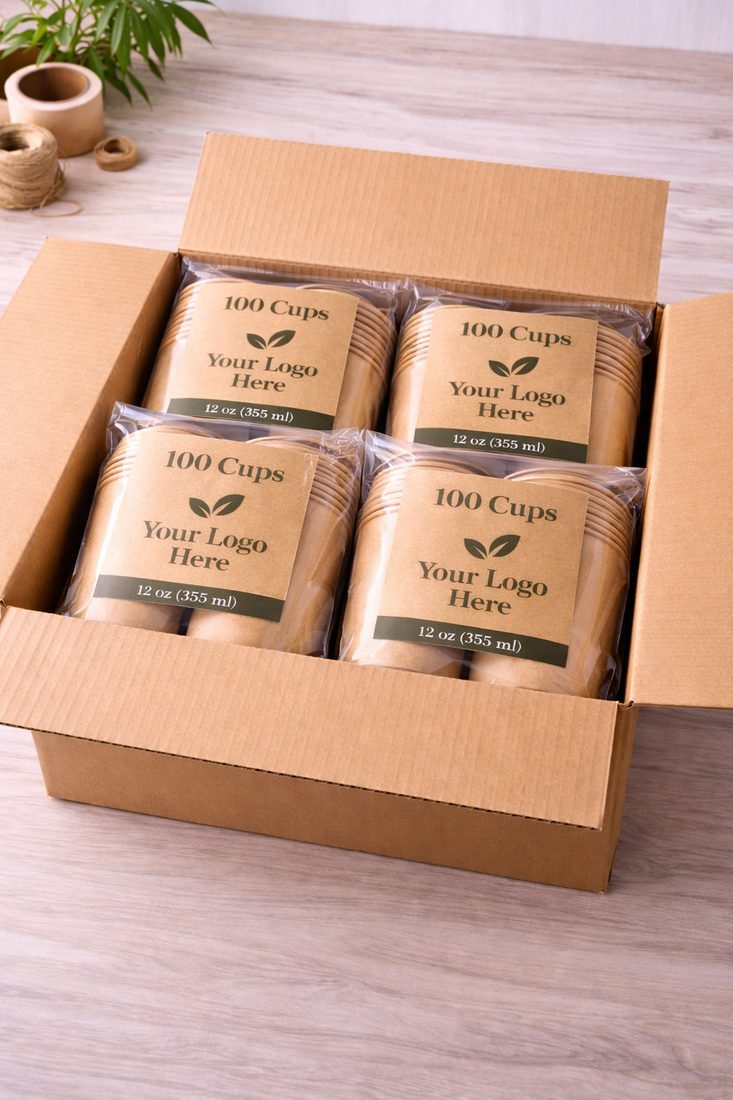 Shipping box holding four packs of printed paper cups