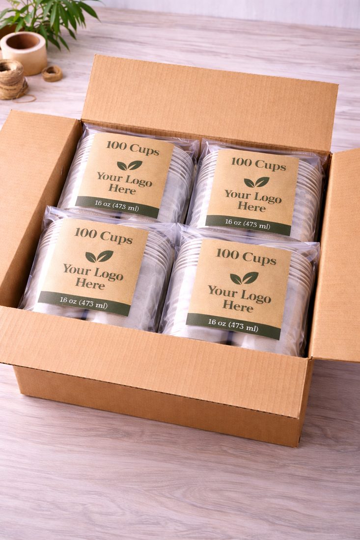 Shipping box holding four packs of printed plastic cups