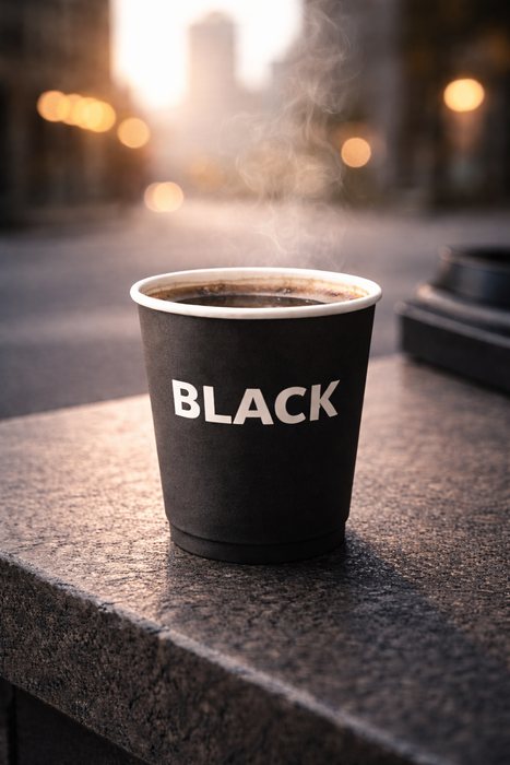Black paper cup with bold BLACK wordmark, city at dawn
