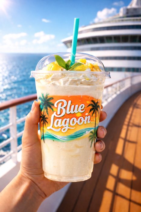 Blue Lagoon branded cold cup with dome lid on a ship deck