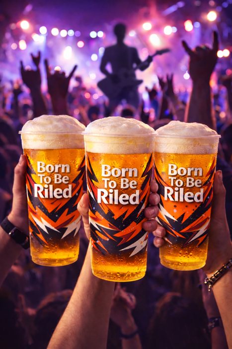 Born To Be Riled branded cold cups raised at a concert