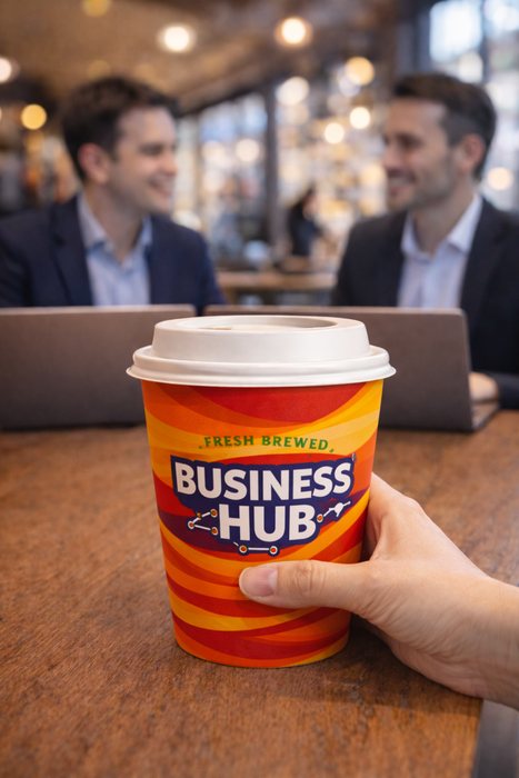 Business Hub branded cup with lid in a city cafe