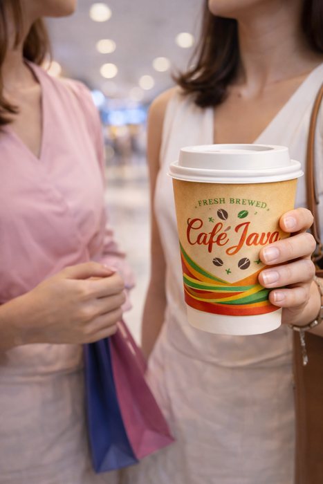 Cafe Java branded cup with lid held while shopping