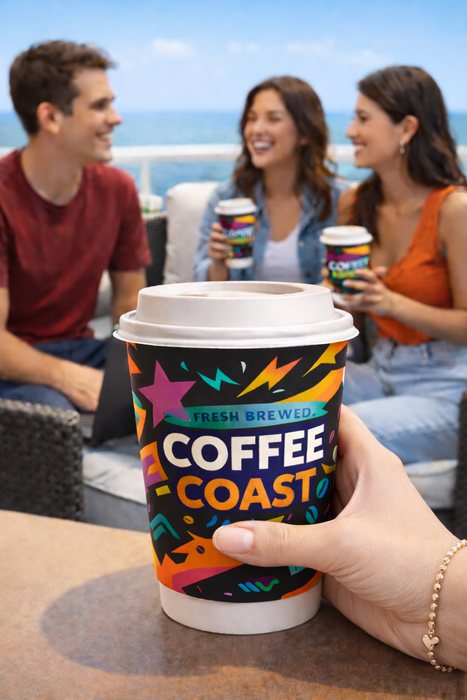 Custom printed cup with a full-wrap brand design
