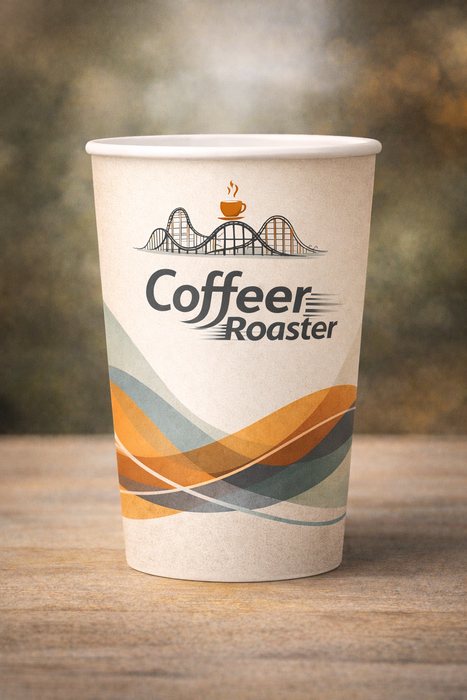 Coffeer Roaster cup with roller coaster logo and wave graphics
