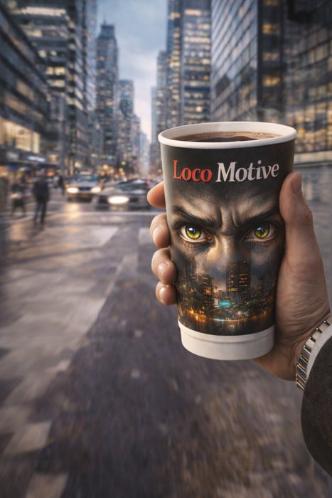 Loco Motive cup with dramatic city artwork on a street