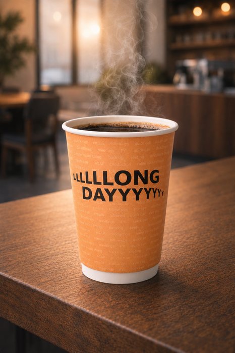 Orange cup with stretched LLLLLONG DAYYYYY lettering in a cafe