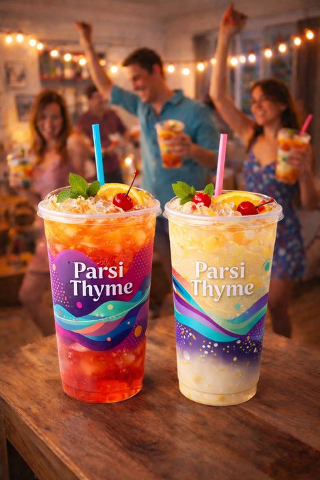 Two Parsi Thyme branded cold cups at an indoor party