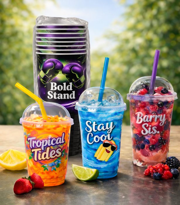 Plastic cold cups in a range of bold printed designs