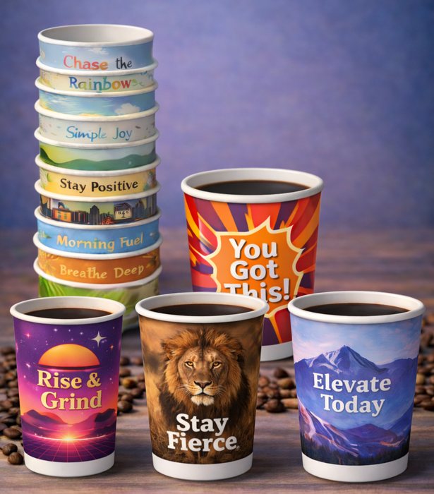 Nine signature series cups showing a range of printed designs