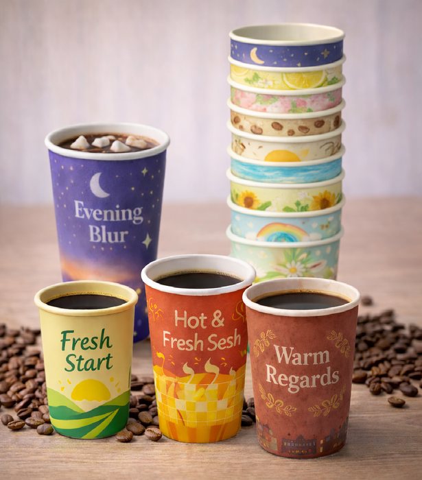 Single wall cups in a range of seasonal printed designs