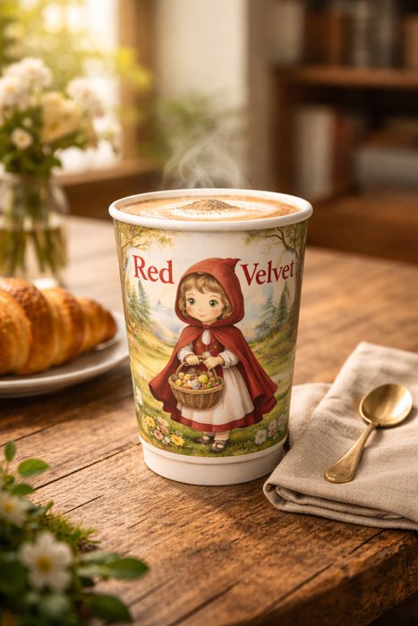 Red Velvet signature cup with storybook illustration