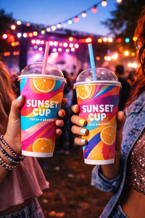 Two Sunset Cup branded cold cups at an outdoor evening event