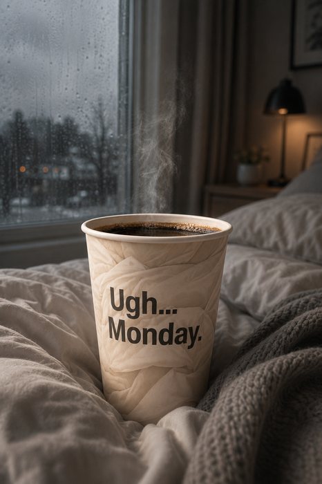 Cream cup printed with Ugh... Monday beside a rainy window