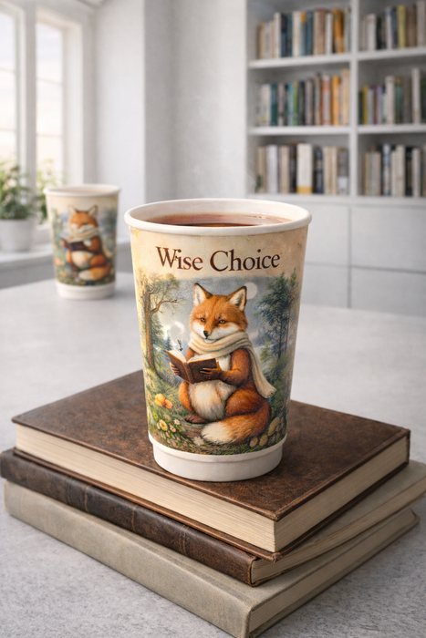 Wise Choice cup with an illustrated fox reading a book