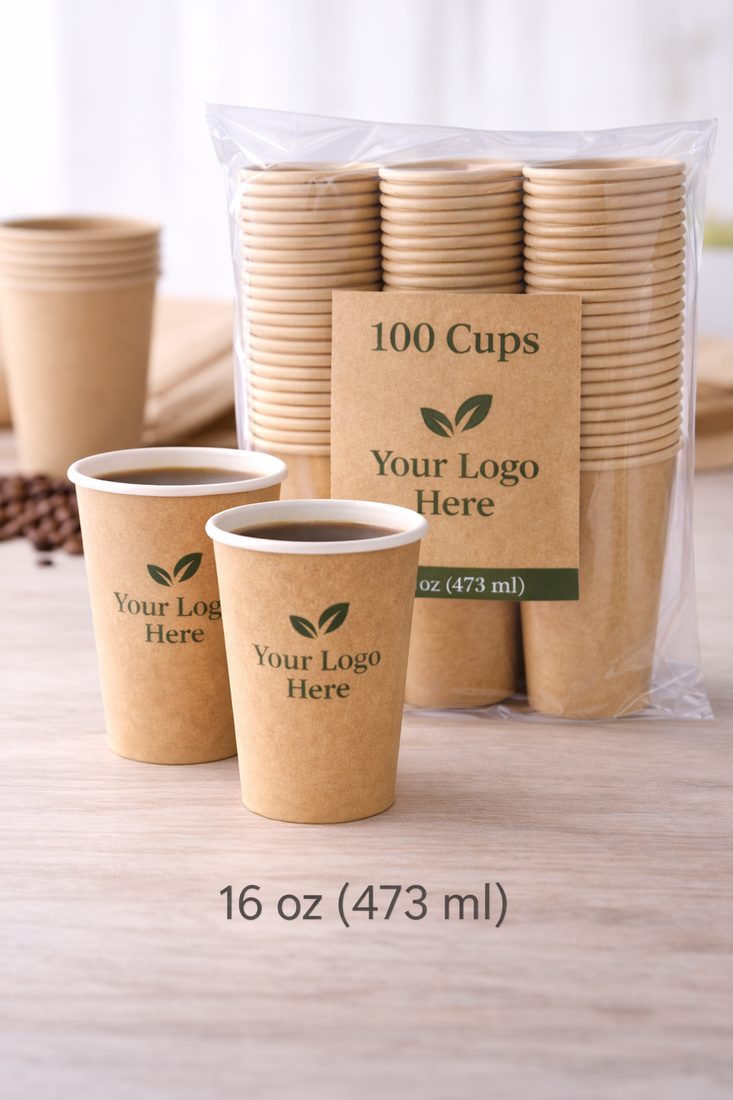Pack of 100 printed paper cups with two cups in front