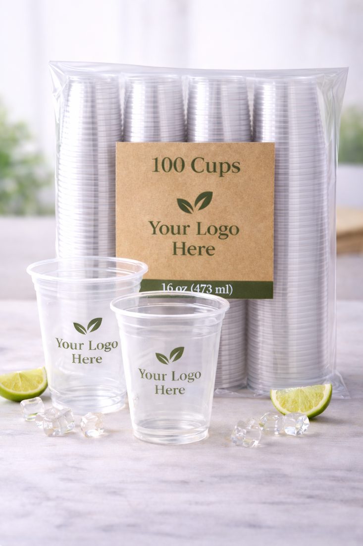 Pack of 100 printed clear plastic cups